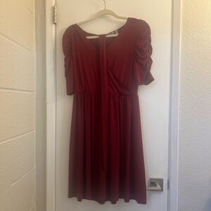 New York & Company Burgundy Midi Dress with Ruched Sleeves